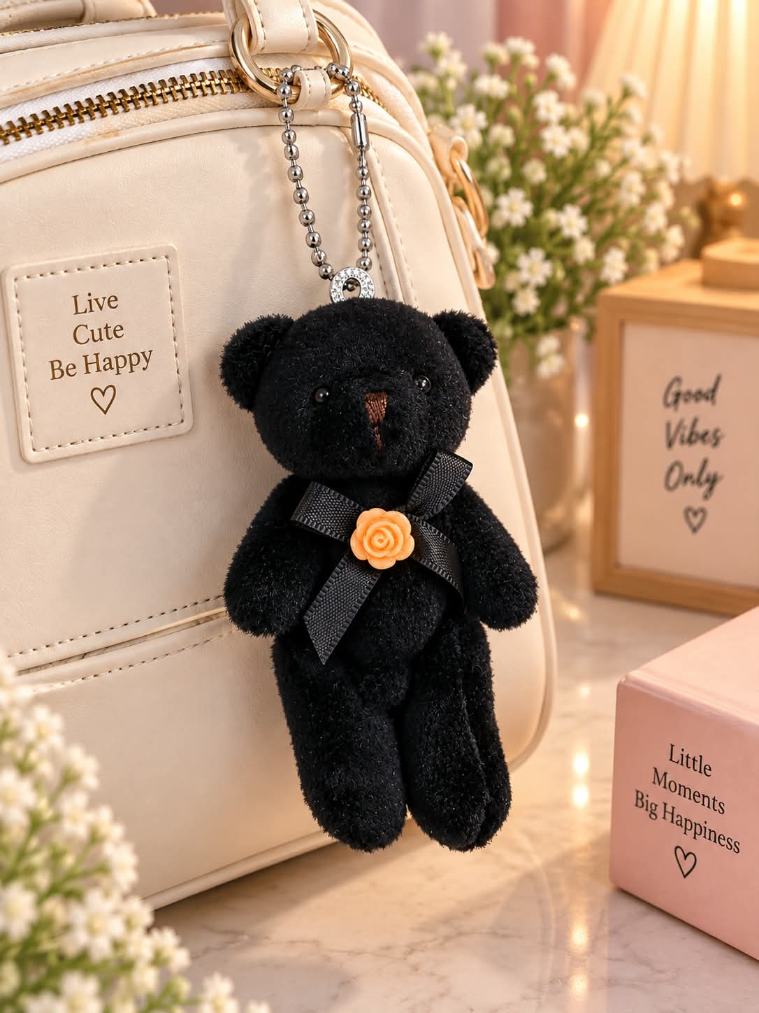 Black Teddy Bear Plush Keychain with Rose Bow
