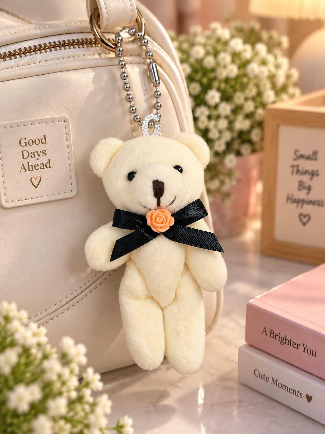 Cute Cream Teddy Bear Plush Keychain with Black Bow
