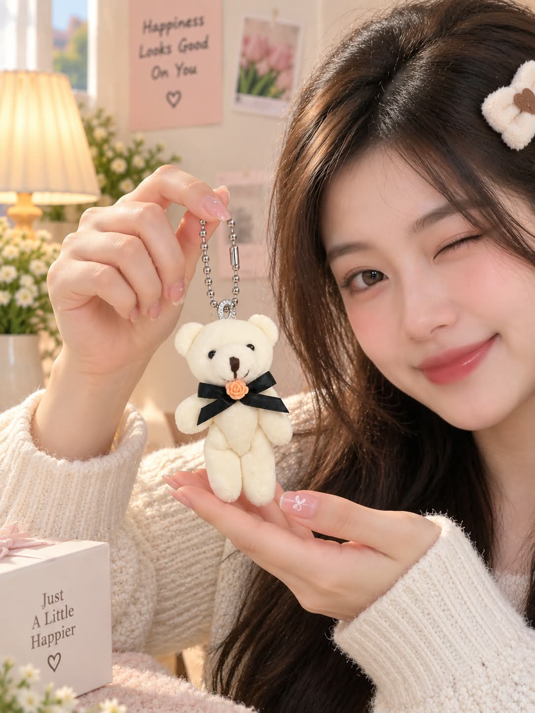 Cute Cream Teddy Bear Plush Keychain with Black Bow