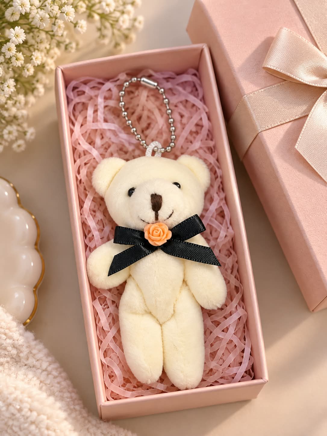 Cute Cream Teddy Bear Plush Keychain with Black Bow