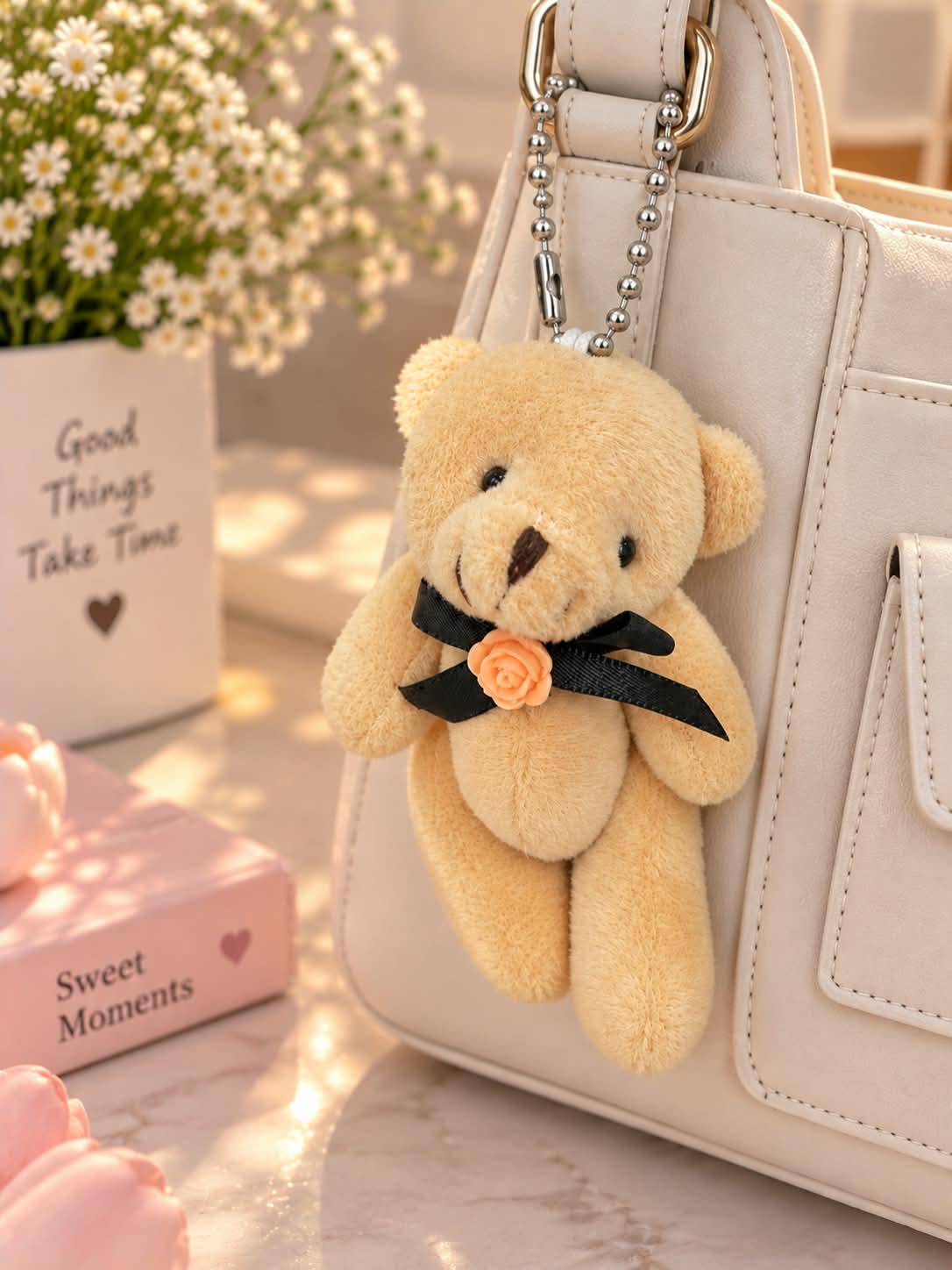 Cute Brown Teddy Bear Plush Keychain with Black Bow