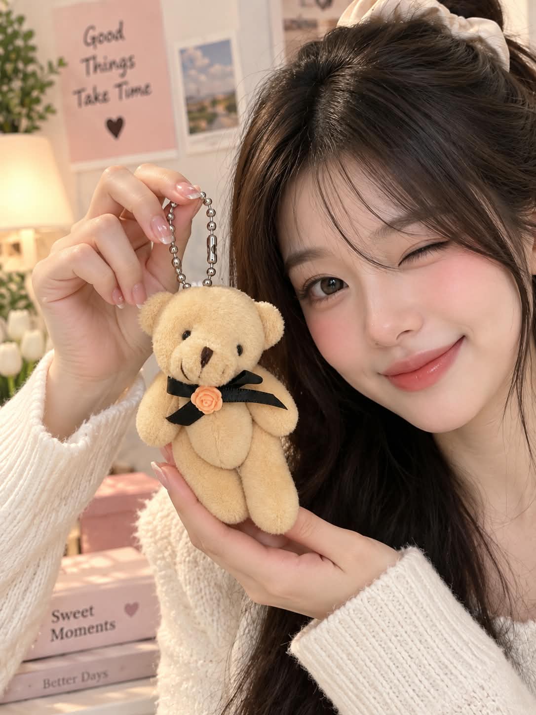 Cute Brown Teddy Bear Plush Keychain with Black Bow