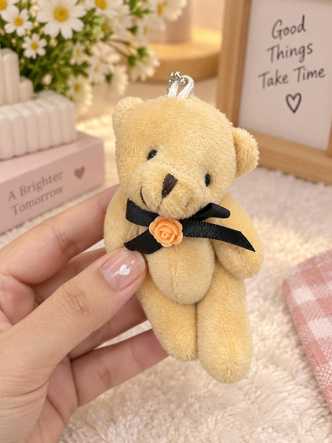 Cute Brown Teddy Bear Plush Keychain with Black Bow