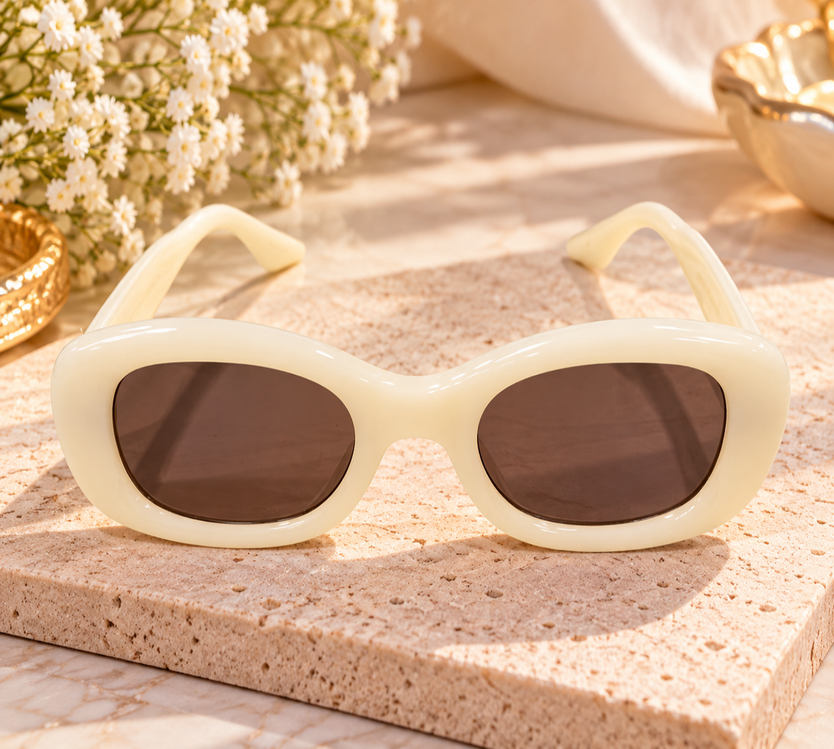 Cream Rounded Square Frame Sunglasses