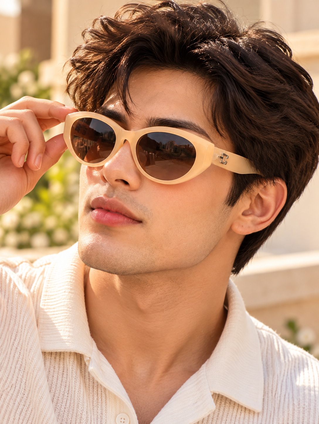Beige Oval Frame Sunglasses